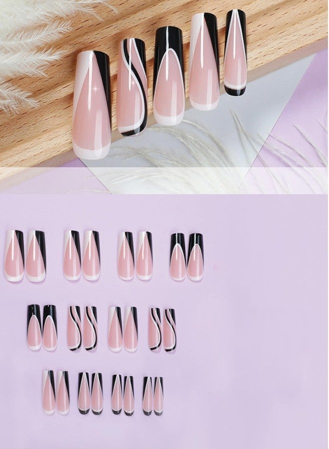 SINHOT Square Press on Nails Medium Fake Nails Glossy Glue on Nails Black White Swirl Acrylic Nails Squoval Artificial Nails French Tip Stick on False Nails with Design 24pcs - Image 5